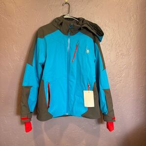 🔖NWT- Spyder Men's Chamber Ski Jacket in Aqua Blue with Charcoal and Red - M